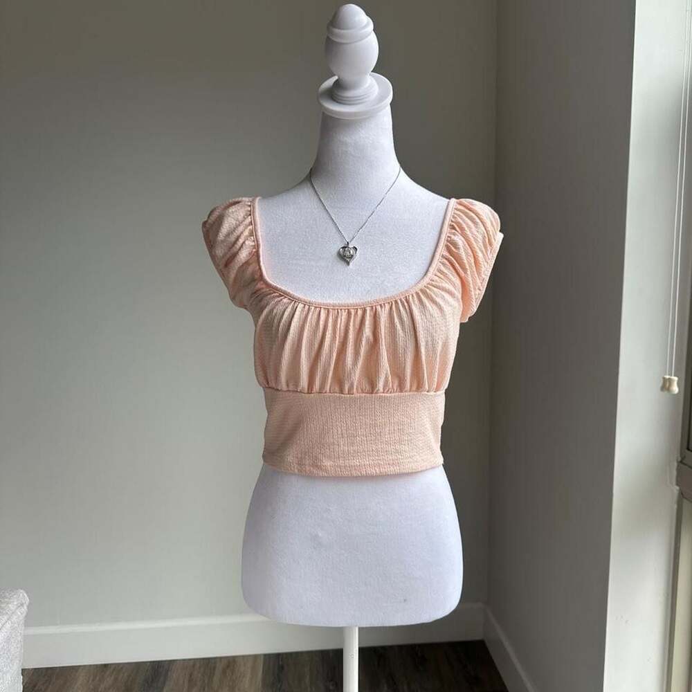 Y2K Glo Rose Pink Off‑Shoulder Flared Sleeve Ruched Crop Top – Size S